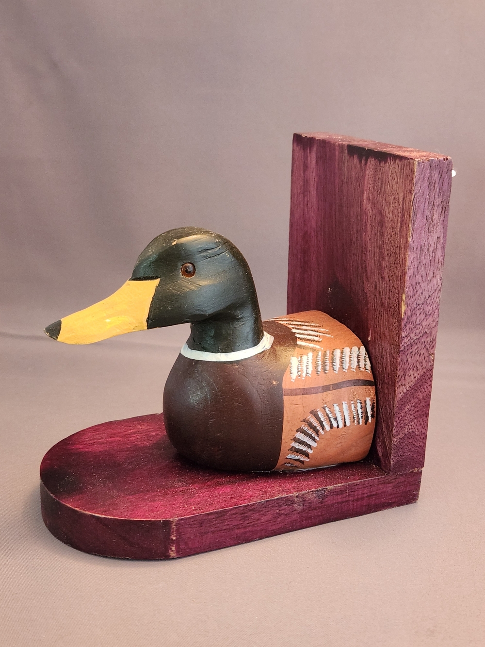 Hand-Painted Wooden Duck Bookend in Purple and Brown